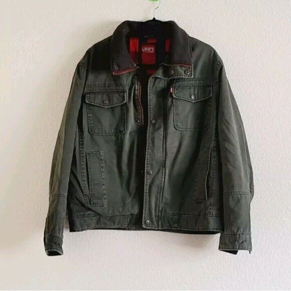 Levi's Military Blanket Lined Jacket Size L Red Buffalo Plaid Liner Olive Green - Picture 12 of 12